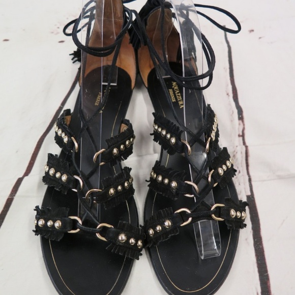 Aquazzura Shoes - Aquazzura Sandal Tulum Black Studded Fringed Suede